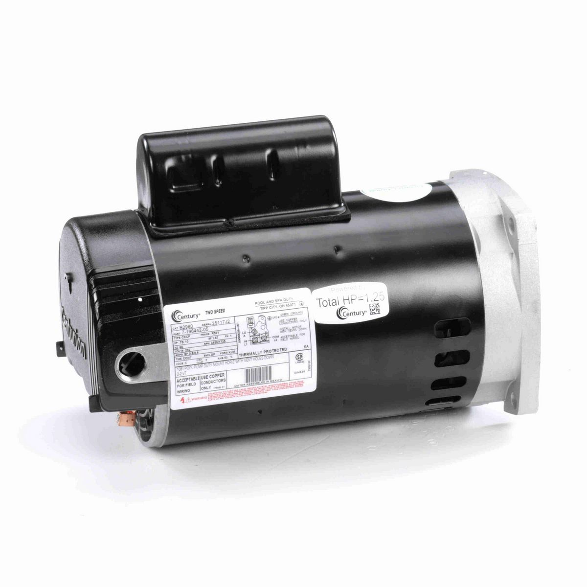 Century Pool Pump Motor, .75/.10 HP, 1 Ph, 60 Hz, 230 V, 3600 RPM, R56Y Frame, DP - B2980