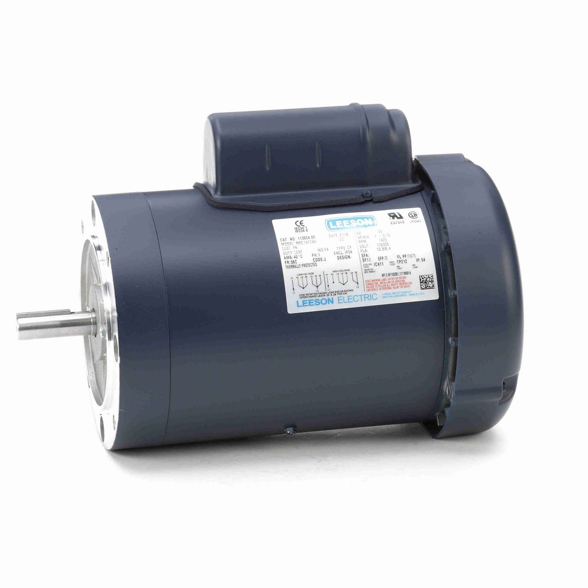 LEESON Special Voltage Motor, 1 HP, 1 Ph, 50 Hz, 110/220 V, 1500 RPM, 56C Frame, TEFC - 113924.00