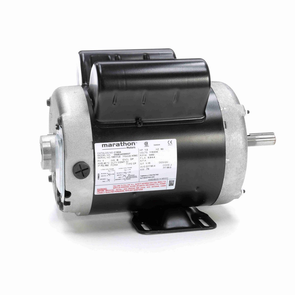 LEESON General Purpose Motor, 1 HP, 1 Ph, 60 Hz, 115/230 V, 3600 RPM, 56 Frame, DP - C180A