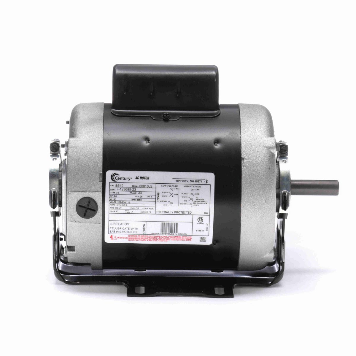 Century General Purpose Motor, 3/4 HP, 1 Ph, 60 Hz, 208-230/115 V, 3600 RPM, J56 Frame, DP - B642