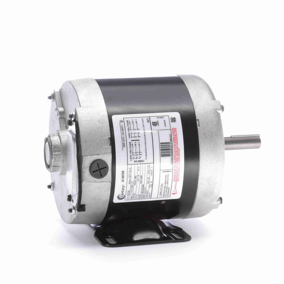 Century General Purpose Motor, 1/3 HP, 3 Ph, 60 Hz, 200-230/460 V, 3600 RPM, B56 Frame, TENV - H238