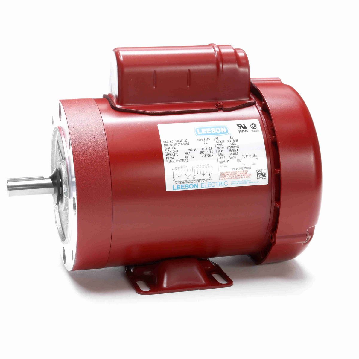 LEESON General Purpose Motor, 0.75 HP, 1 Ph, 60 Hz, 115/230 V, 1800 RPM, 56C Frame, TEFC - 116487.00