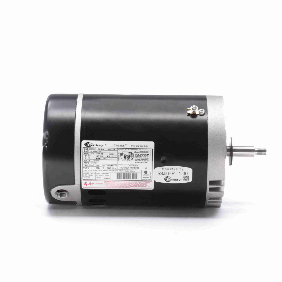 Century Pool Pump Motor, 1.0 HP, 1 Ph, 60 Hz, 230/115 V, 3600 RPM, U56J Frame, DP - B228SE