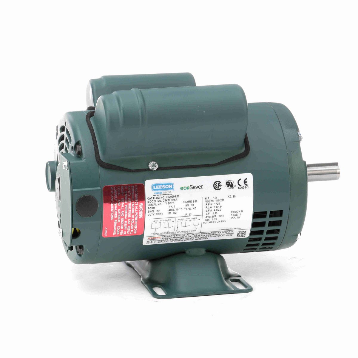 LEESON ecoSaver™ General Purpose Motor, 0.33 HP, 1 Ph, 60 Hz, 115/230 V, 1800 RPM, S56 Frame, DP - E100006.00