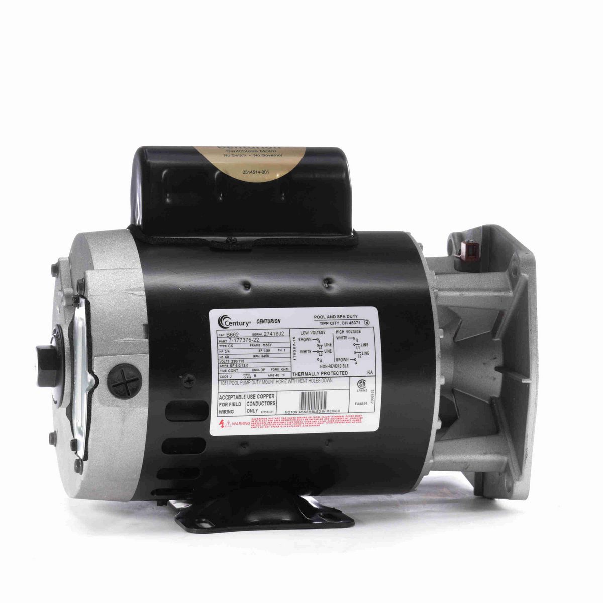 Century Pool Pump Motor, 3/4 HP, 1 Ph, 60 Hz, 230/115 V, 3600 RPM, M56Y Frame, DP - B662