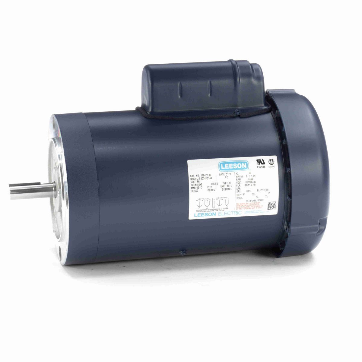 LEESON General Purpose Motor, 2 HP, 1 Ph, 60 Hz, 115/230 V, 3600 RPM, 56C Frame, TEFC - 110422.00