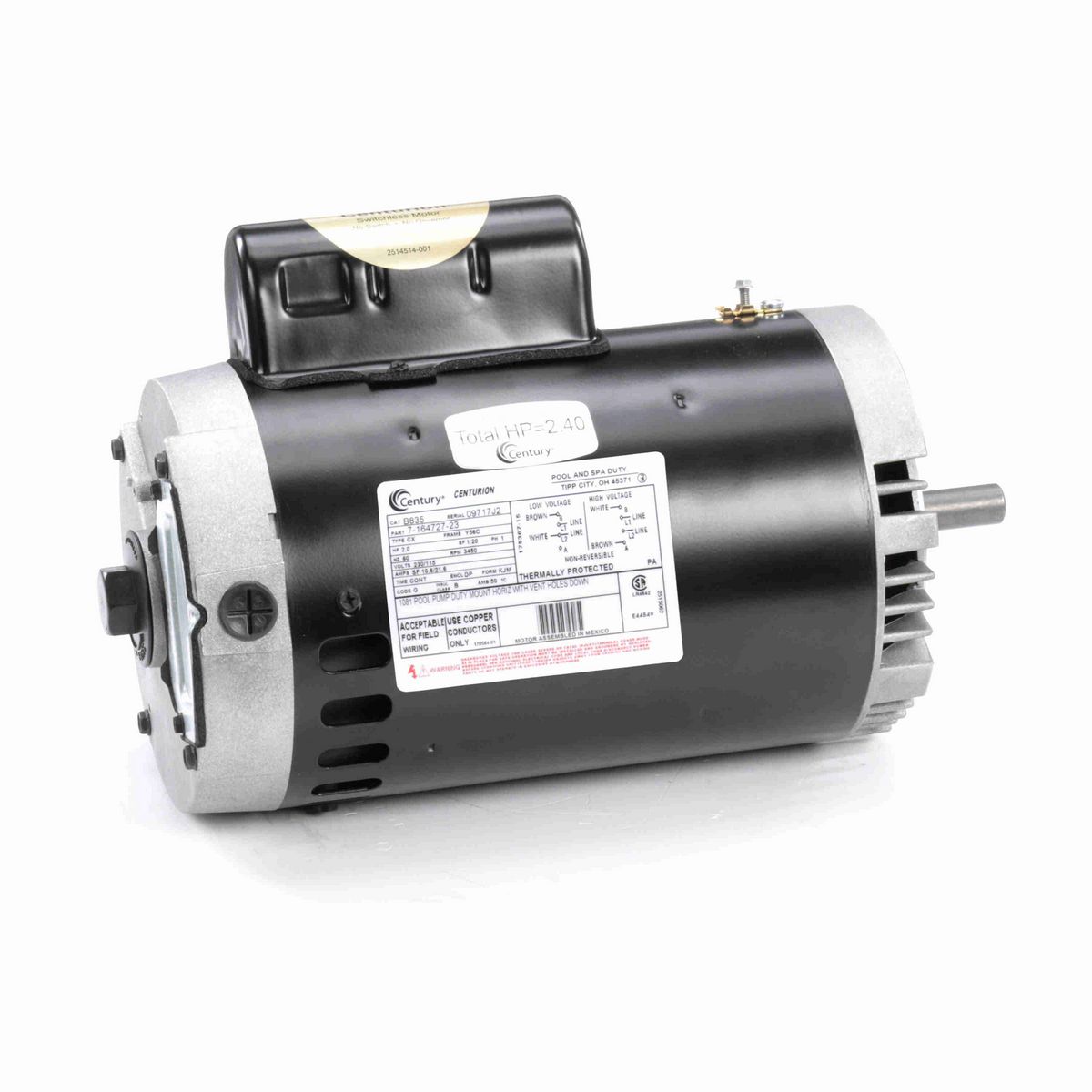 Century Pool Pump Motor, 2.0 HP, 1 Ph, 60 Hz, 230/115 V, 3600 RPM, Y56C Frame, DP - B835