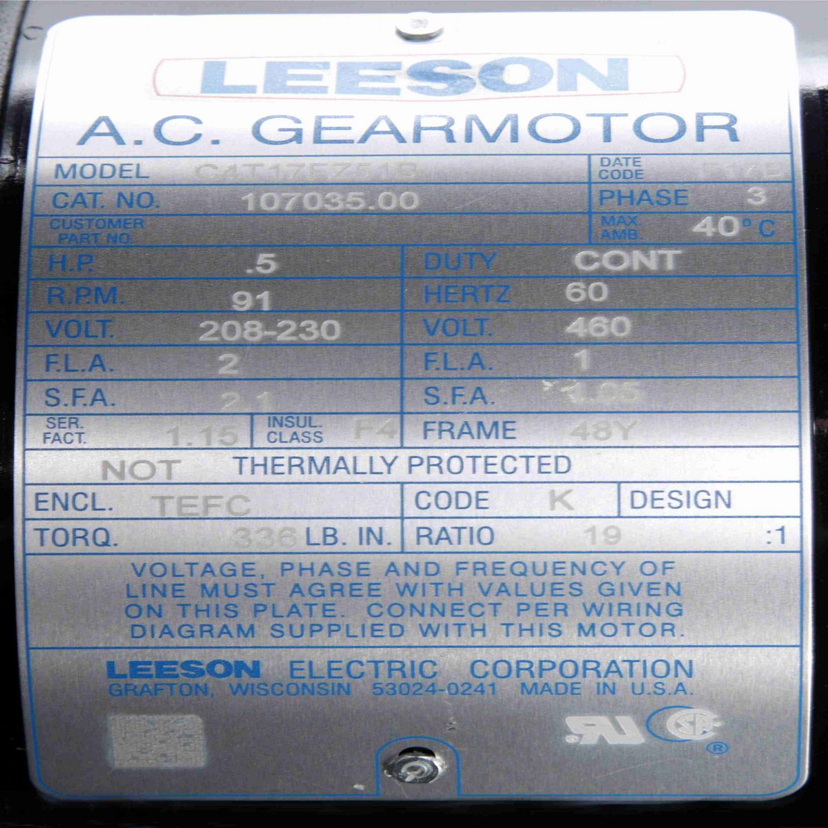 LEESON Parallel Shaft Gearmotor, 0.50 HP, 3 Ph, 60 Hz, 208-230/460 V, 91 RPM, 48Y Frame, TEFC - 107035.00