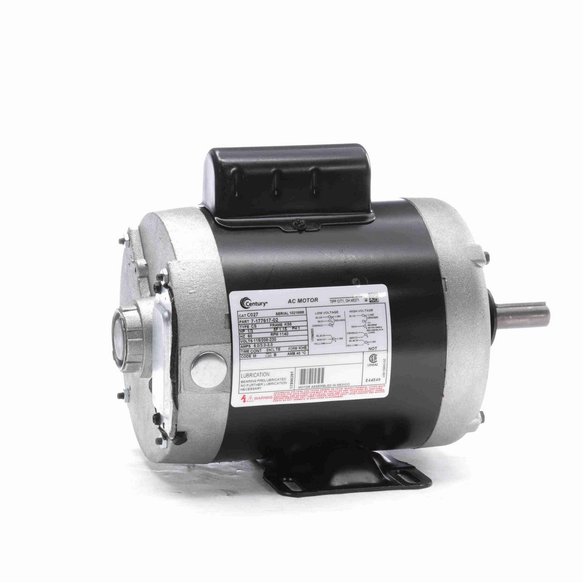 Century General Purpose Farm Duty Motor, 1/3 HP, 1 Ph, 60 Hz, 115/208-230 V, 1200 RPM, K56 Frame, TENV - C027