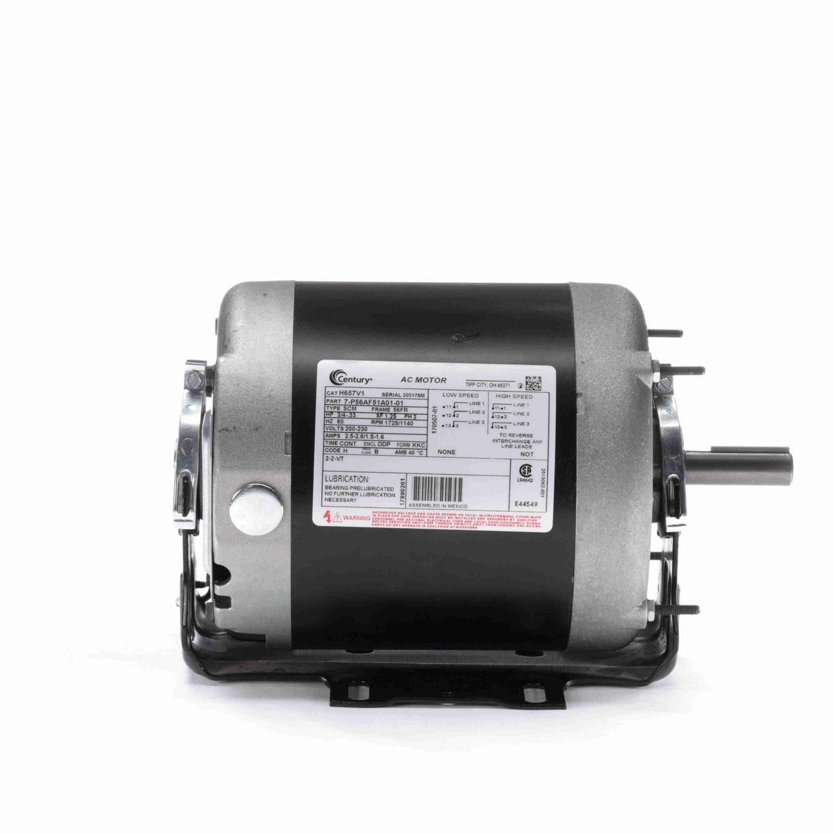 Century Fan and Blower Motor, 3/4-.33 HP, 3 Ph, 60 Hz, 200-230 V, 1800 RPM, 56 Frame, ODP - H657V1