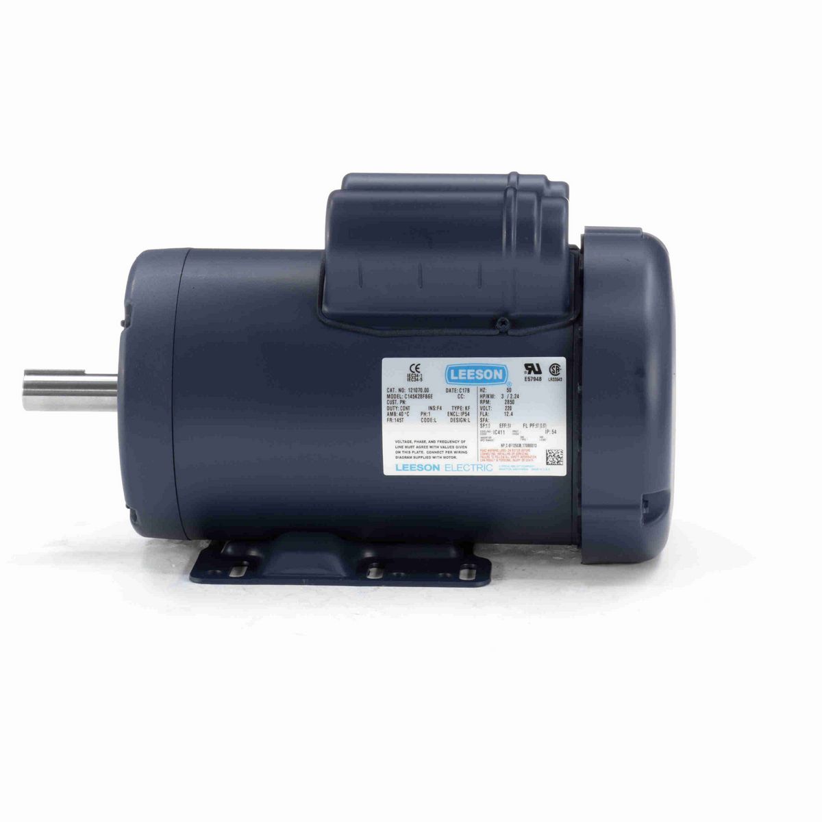 LEESON Special Voltage Motor, 3 HP, 1 Ph, 50 Hz, 220 V, 3000 RPM, 145T Frame, TEFC - 121070.00