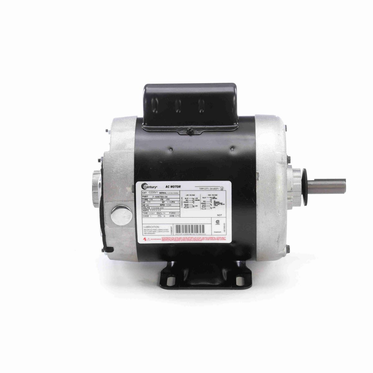 Century General Purpose Motor, 1/3 HP, 1 Ph, 60 Hz, 115/208-230 V, 1800 RPM, J56 Frame, TENV - C220V1