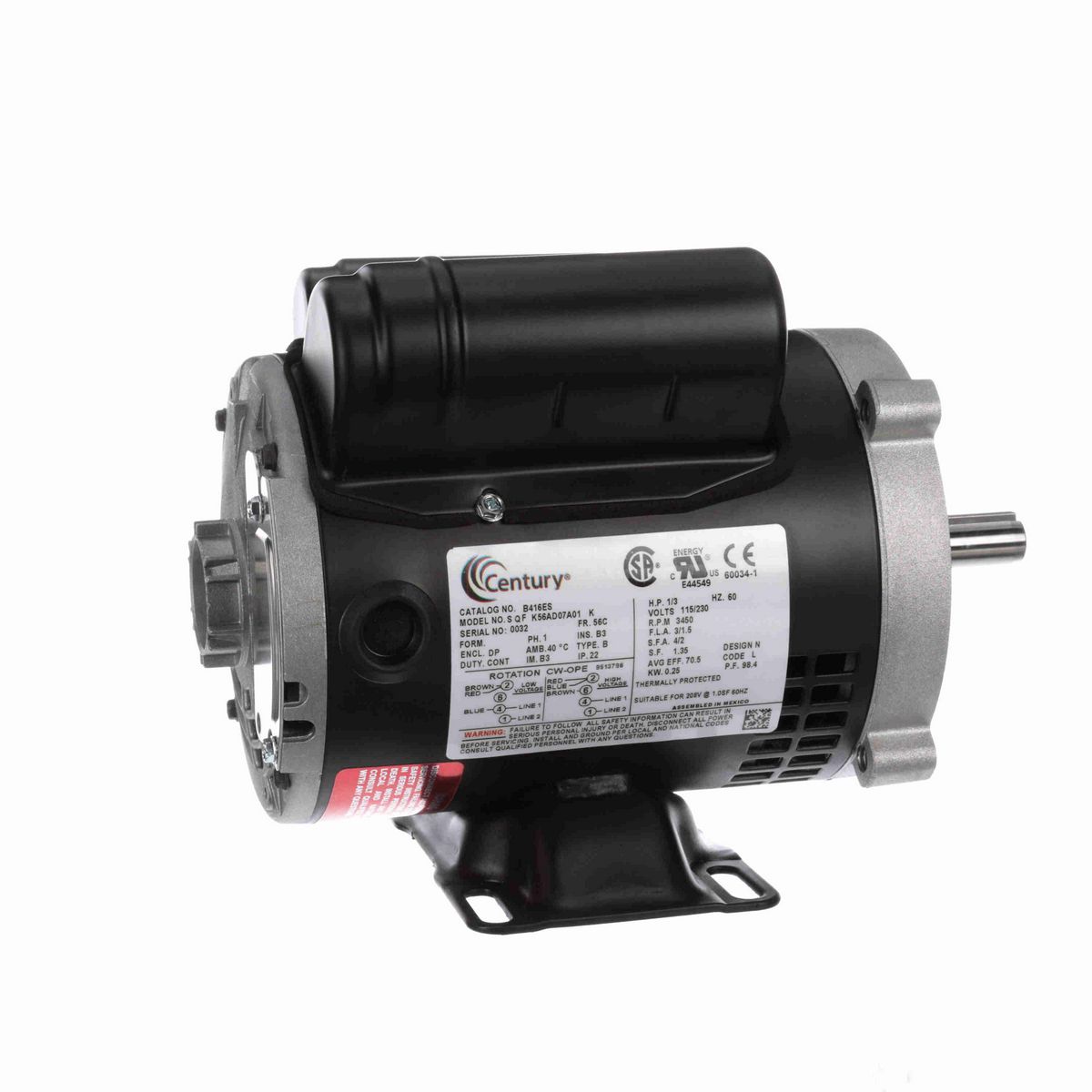 Century General Purpose Motor, 1/3 HP, 1 Ph, 60 Hz, 115/230 V, 3600 RPM, 56 Frame, ODP - B416ES