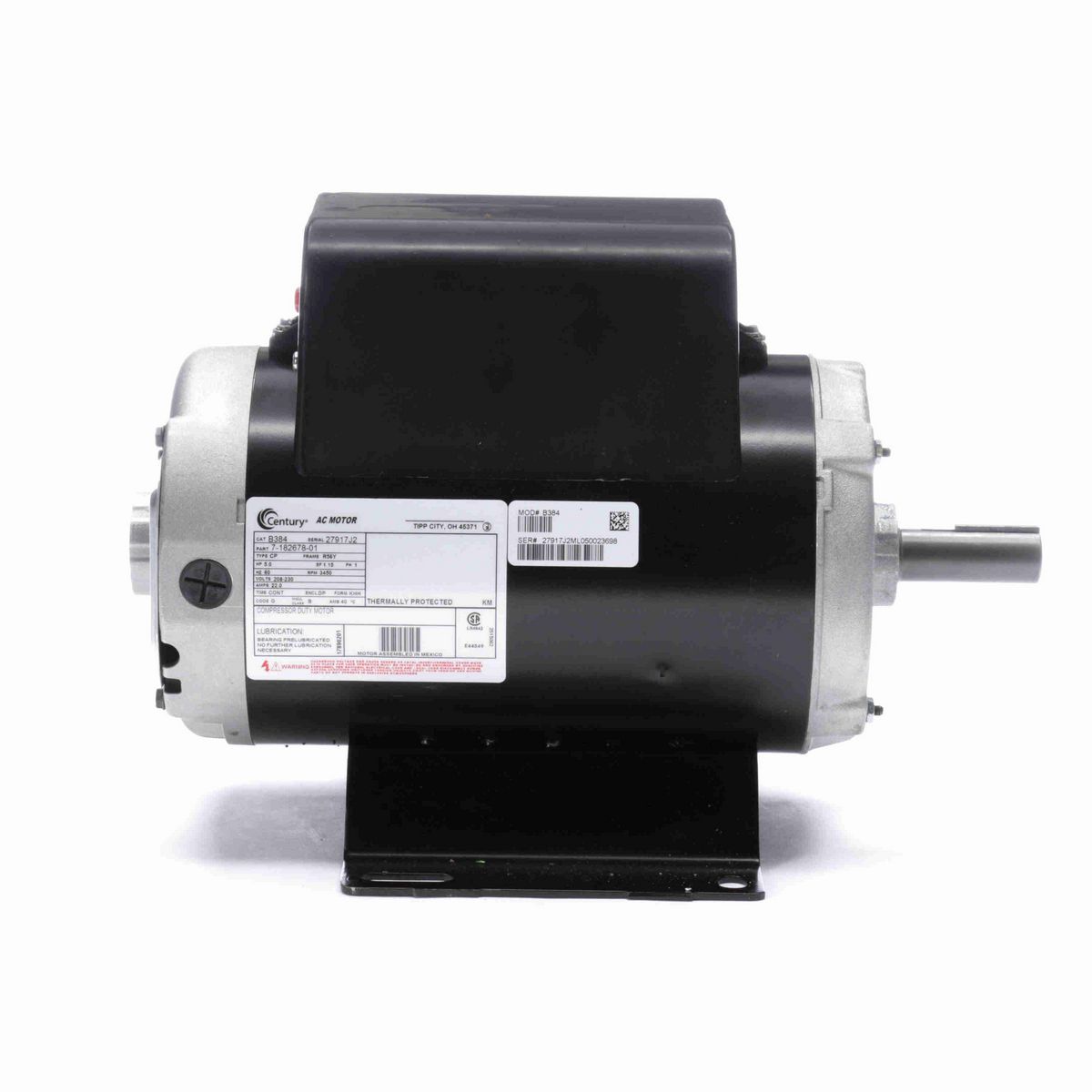 Century Air Compressor Motor, 5.0 HP, 1 Ph, 60 Hz, 208-230 V, 3600 RPM, R56Y Frame, DP - B384