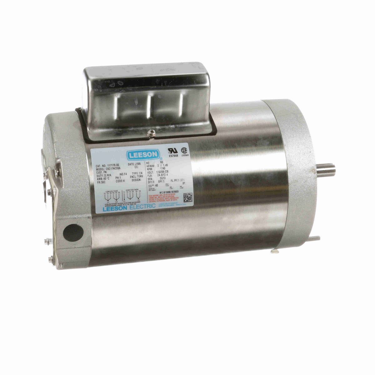 LEESON General Purpose Motor, 2 HP, 1 Ph, 60 Hz, 115/208-230 V, 1800 RPM, 56C Frame, TENV - 117179.00