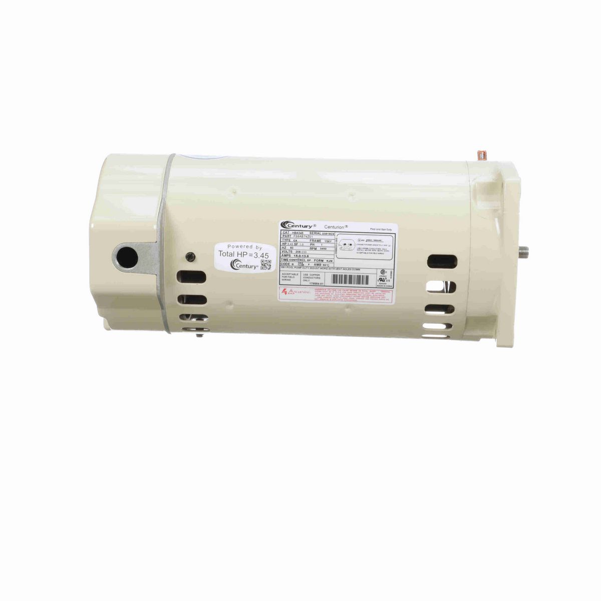 Century Centurion PRO ® Motors Pool Pump Motor, 3.45 HP, 1 Ph, 60 Hz, 208-230 V, 3600 RPM, Y56Y Frame, DP - HBA345