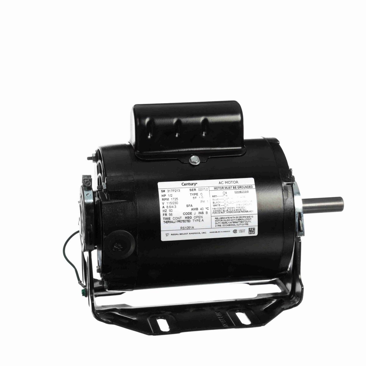 Century Fan and Blower Motor, 1/2 HP, 1 Ph, 60 Hz, 115/230 V, 1800 RPM, 56 Frame, OPEN - RS1051A