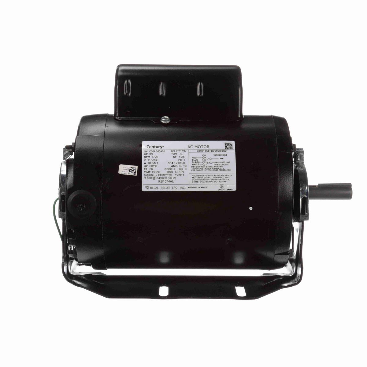 Century Fan and Blower Motor, 3/4 HP, 1 Ph, 60/50 Hz, 115/230 V, 1800 RPM, 56 Frame, OPEN - RS1074AL