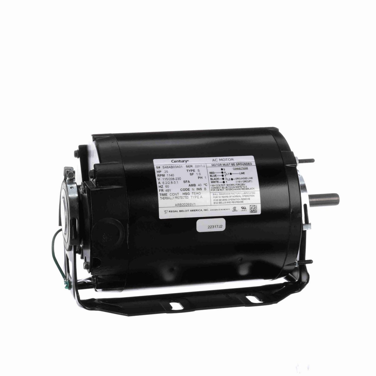 Century Fan and Blower Motor, .25 HP, 1 Ph, 60 Hz, 115/208-230 V, 1200 RPM, 48Y Frame, TEAO - ARB2026SV1