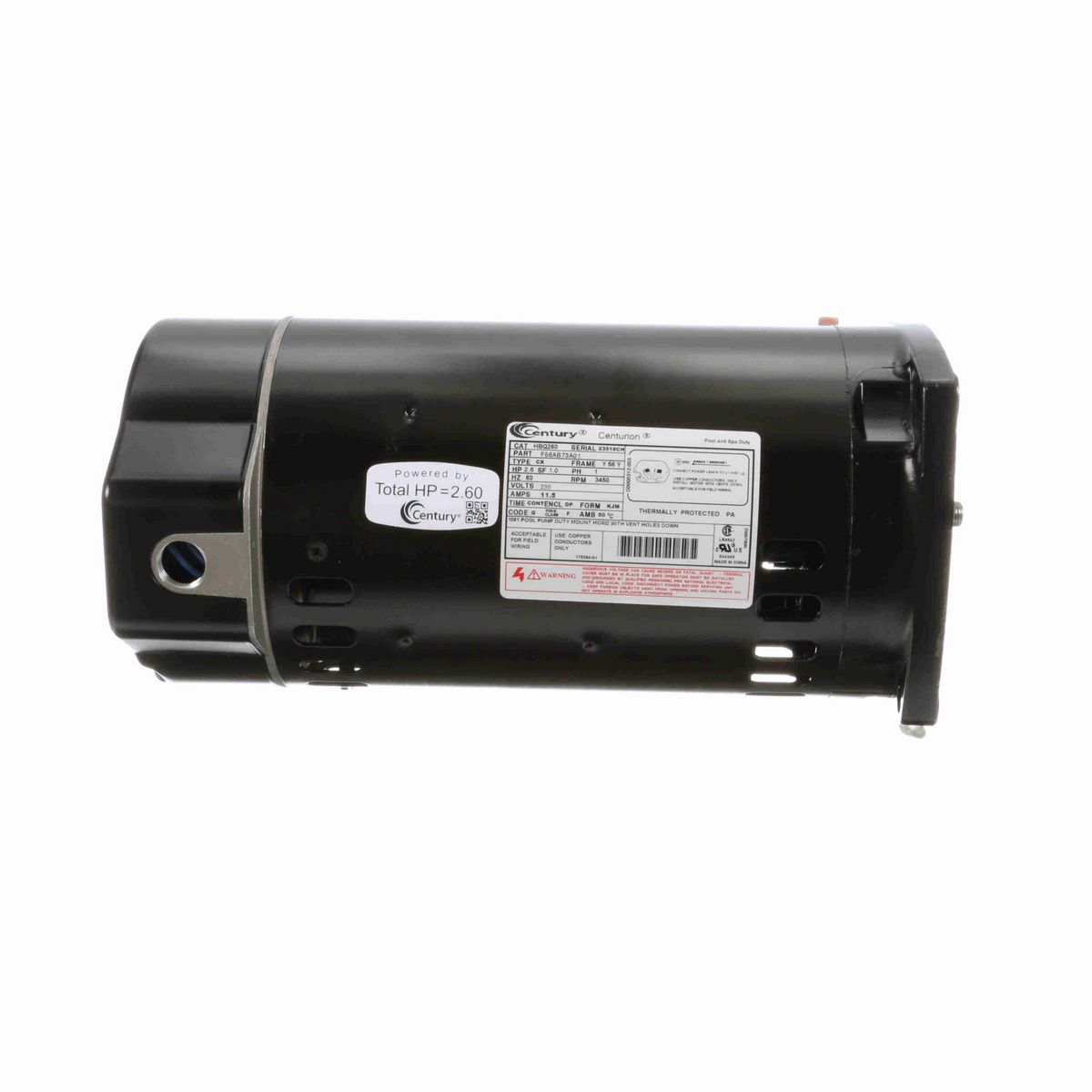 Century Pool Pump Motor, 2.6 HP, 1 Ph, 60 Hz, 230 V, 3600 RPM, Y56Y Frame, DP - HBQ260