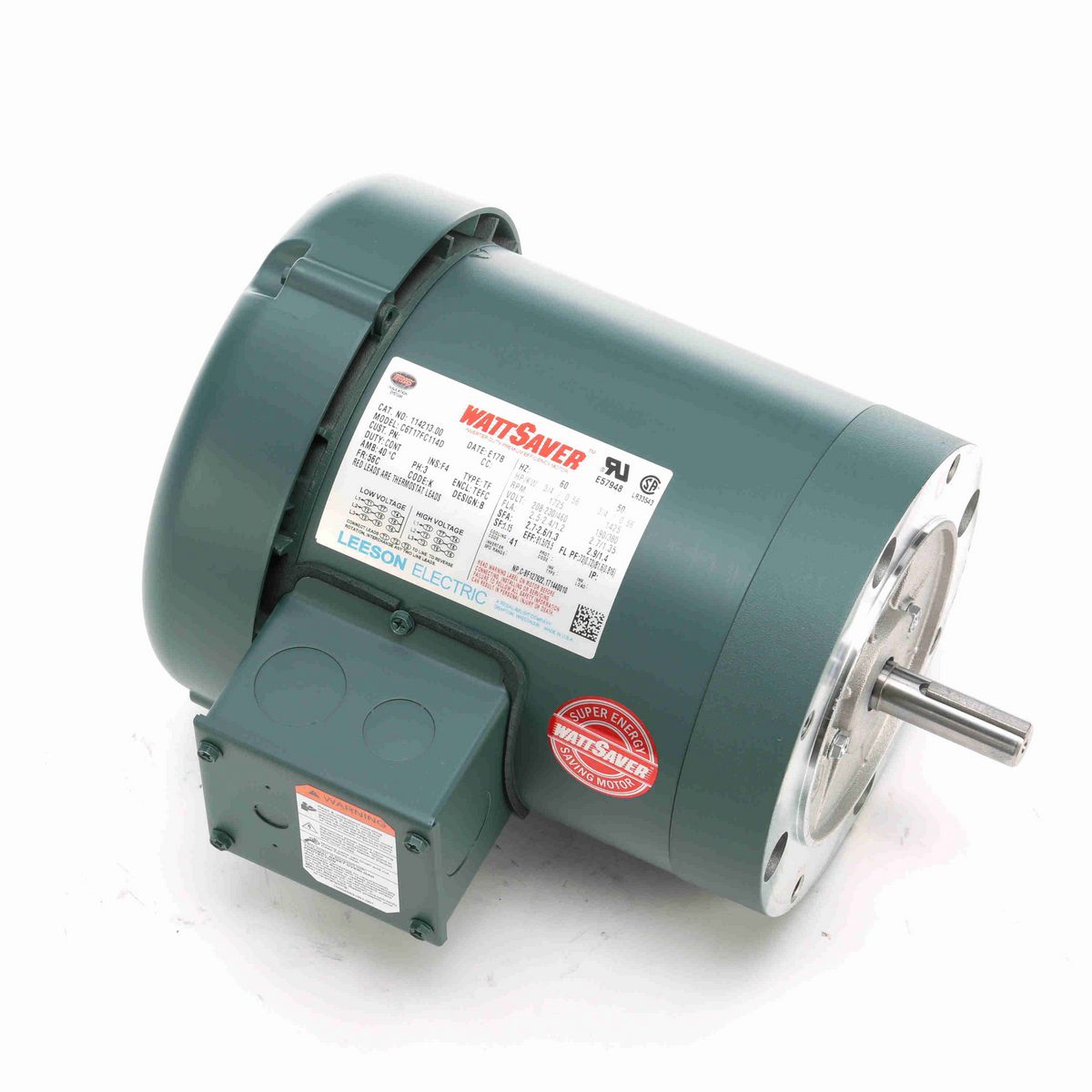 LEESON WATTSAVER® General Purpose Motor, 0.75 & 0.75 HP, 3 Ph, 60 & 50 Hz, 230/460 & 190/380 V, 1800 & 1500 RPM, 56C Frame, TEFC - 114213.00