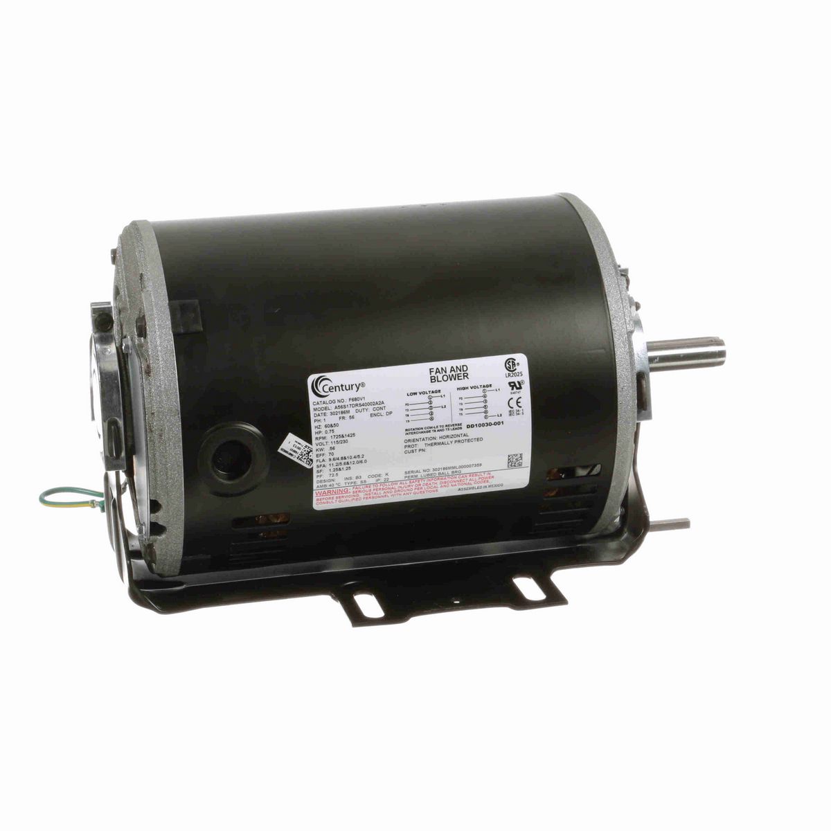 Century Fan and Blower Motor, 0.75 HP, 1 Ph, 60&50 Hz, 115/230 V, 1800 RPM, 56 Frame, DP - F680V1
