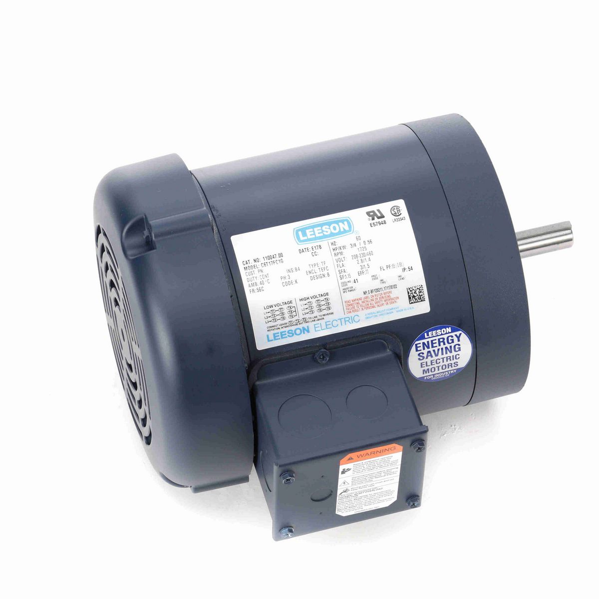 LEESON General Purpose Motor, 0.75 HP, 3 Ph, 60 Hz, 230/460 V, 1800 RPM, 56C Frame, TEFC - 110047.00