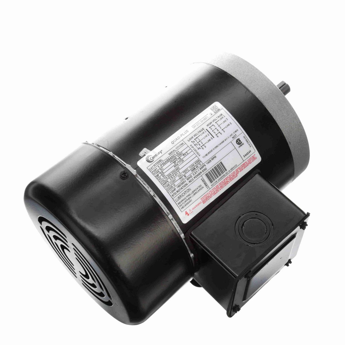 Century General Purpose Motor, 3/4 HP, 3 Ph, 60 Hz, 208-230/460 V, 1800 RPM, K56C Frame, TEFC - H1008L