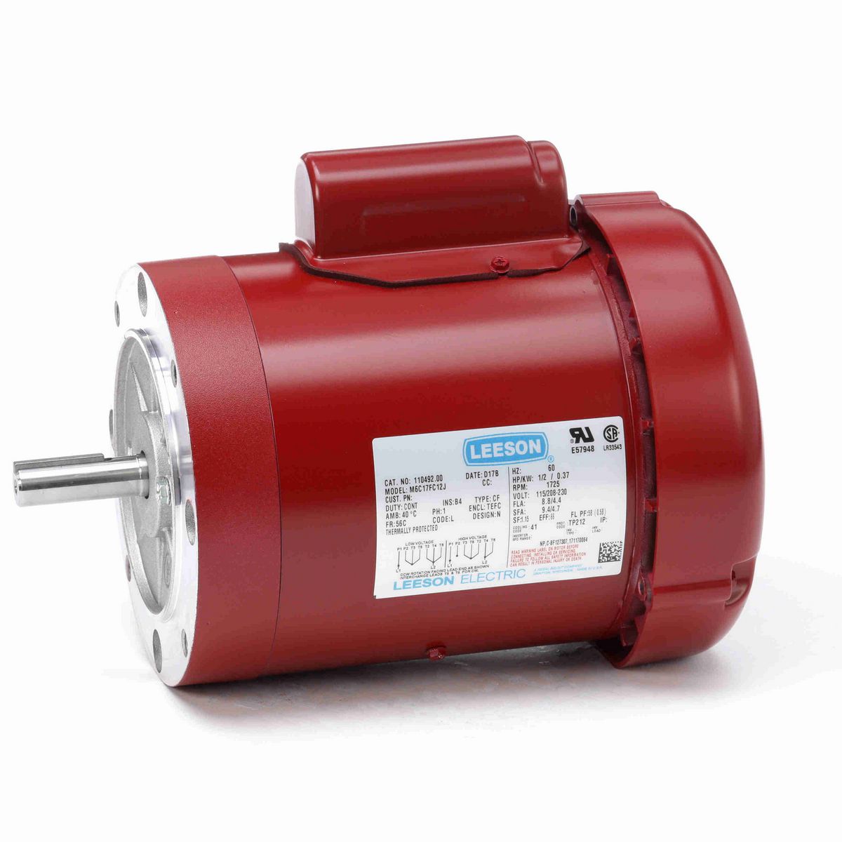 LEESON Agricultural Motor, 0.50 HP, 1 Ph, 60 Hz, 115/230 V, 1800 RPM, 56C Frame, TEFC - 110492.00
