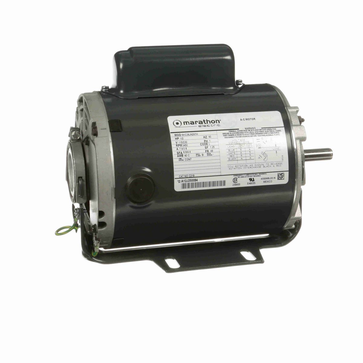 LEESON .5 HP General Purpose Motor, 1 phase, 3600 RPM, 115/230 V, 48 Frame, ODP - C219