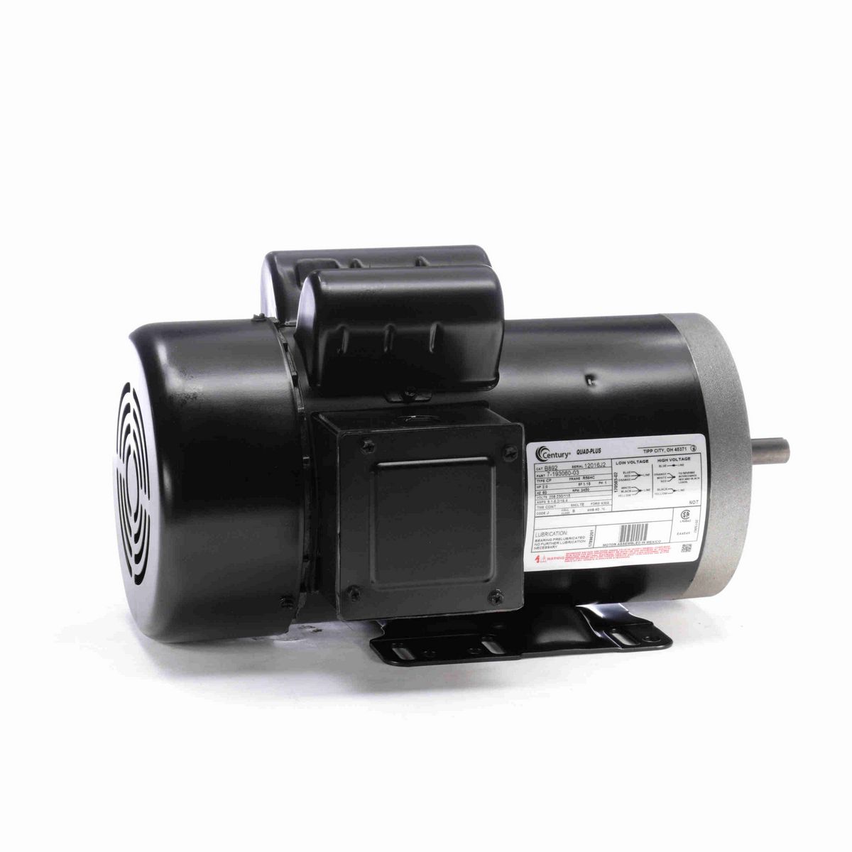 Century General Purpose Motor, 2.0 HP, 1 Ph, 60 Hz, 208-230/115 V, 3600 RPM, R56HC Frame, TEFC - B892