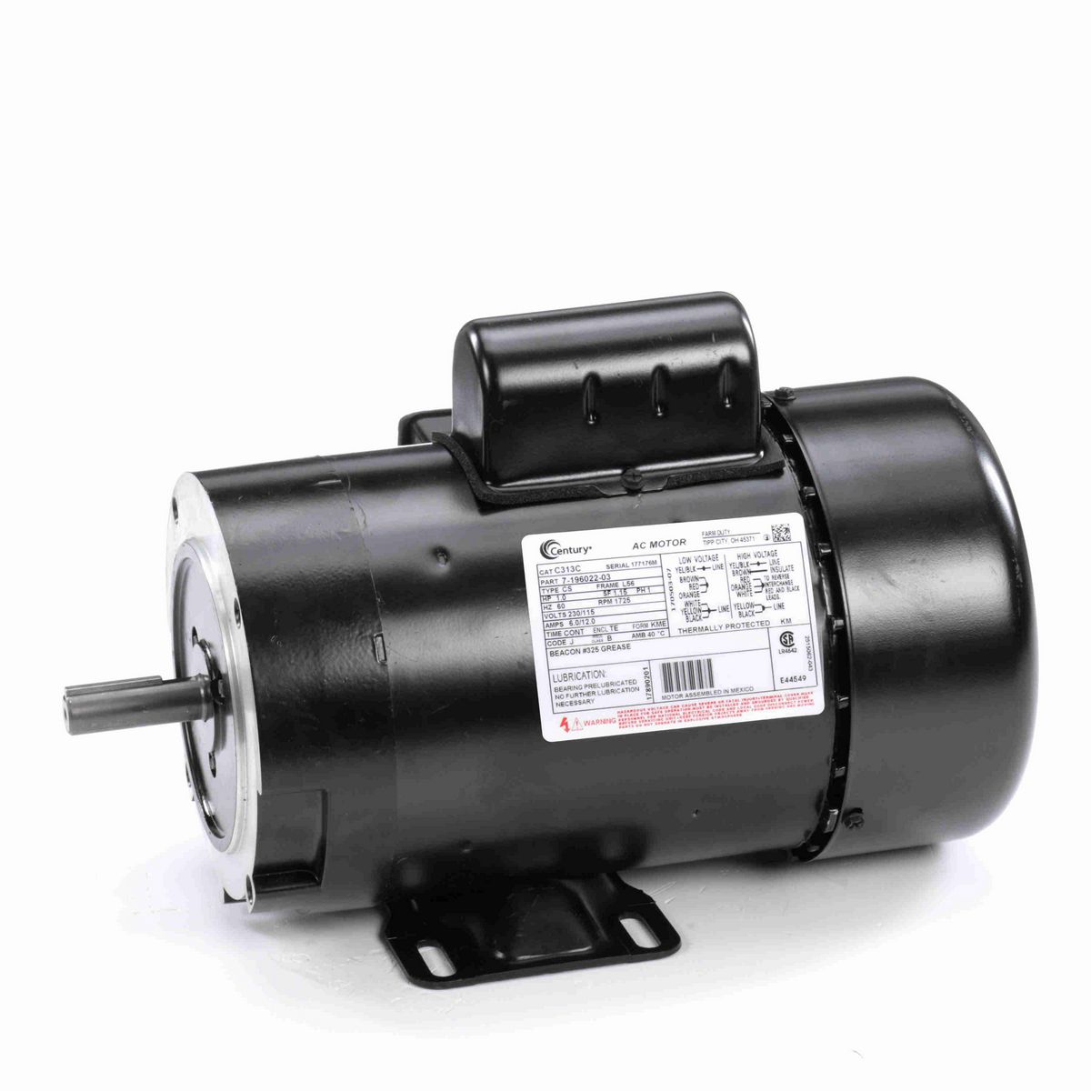 Century General Purpose Farm Duty Motor, 1.0 HP, 1 Ph, 60 Hz, 230/115 V, 1800 RPM, L56 Frame, TEFC - C313C