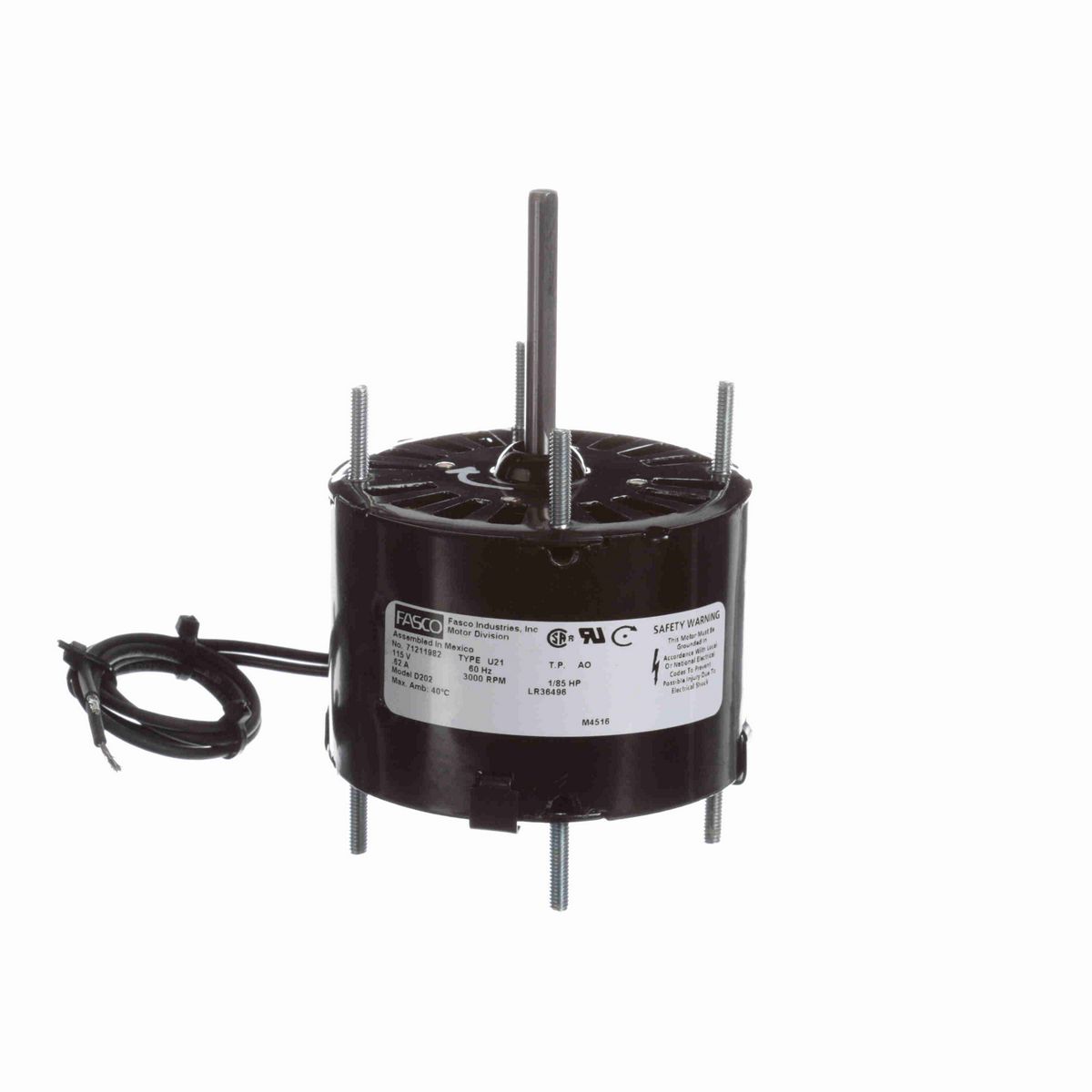 FASCO Fan and Blower Motor, 1/85 HP, 1 Ph, 60 Hz, 115 V, 3000 RPM, 1 Speed, 3.3" Diameter, OAO - D202