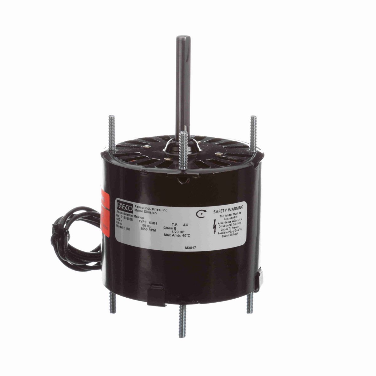 FASCO OEM Replacement Motor, 1/20 HP, 1 Ph, 60 Hz, 460 V, 1550 RPM, 1 Speed, 3.3" Diameter, OAO - D186