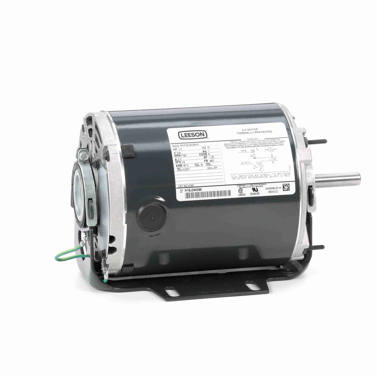 LEESON Fan and Blower Motor, 0.33 HP, 1 Ph, 60 Hz, 230 V, 1800 RPM, 48Z Frame, DP - H167