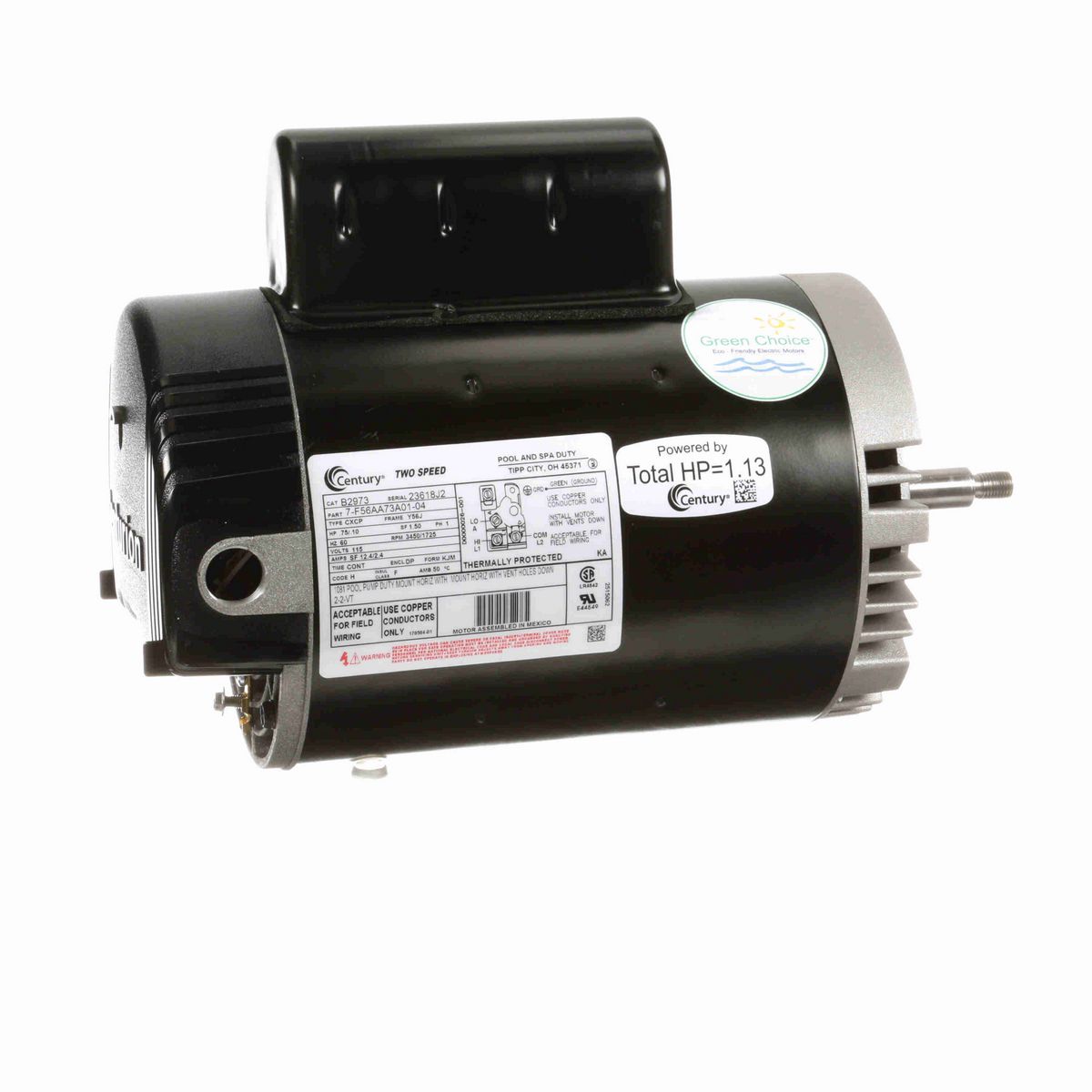 Century Pool Pump Motor, .75/.10 HP, 1 Ph, 60 Hz, 115 V, 3600 RPM, Y56J Frame, DP - B2973