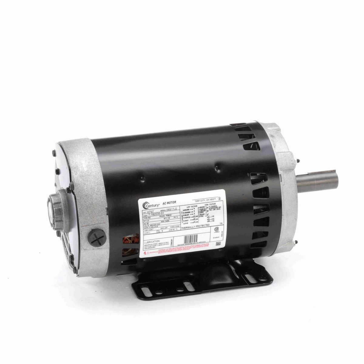 Century General Purpose Motor, 3.0 HP, 3 Ph, 60 Hz, 460/200-230 V, 3600 RPM, P56HZ Frame, DP - H757