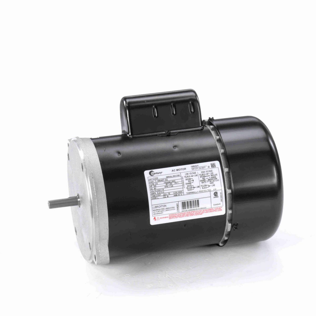 Century Auger Drive Motor, 3/4 HP, 1 Ph, 60 Hz, 230/115 V, 1800 RPM, L56N Frame, TEFC - C332