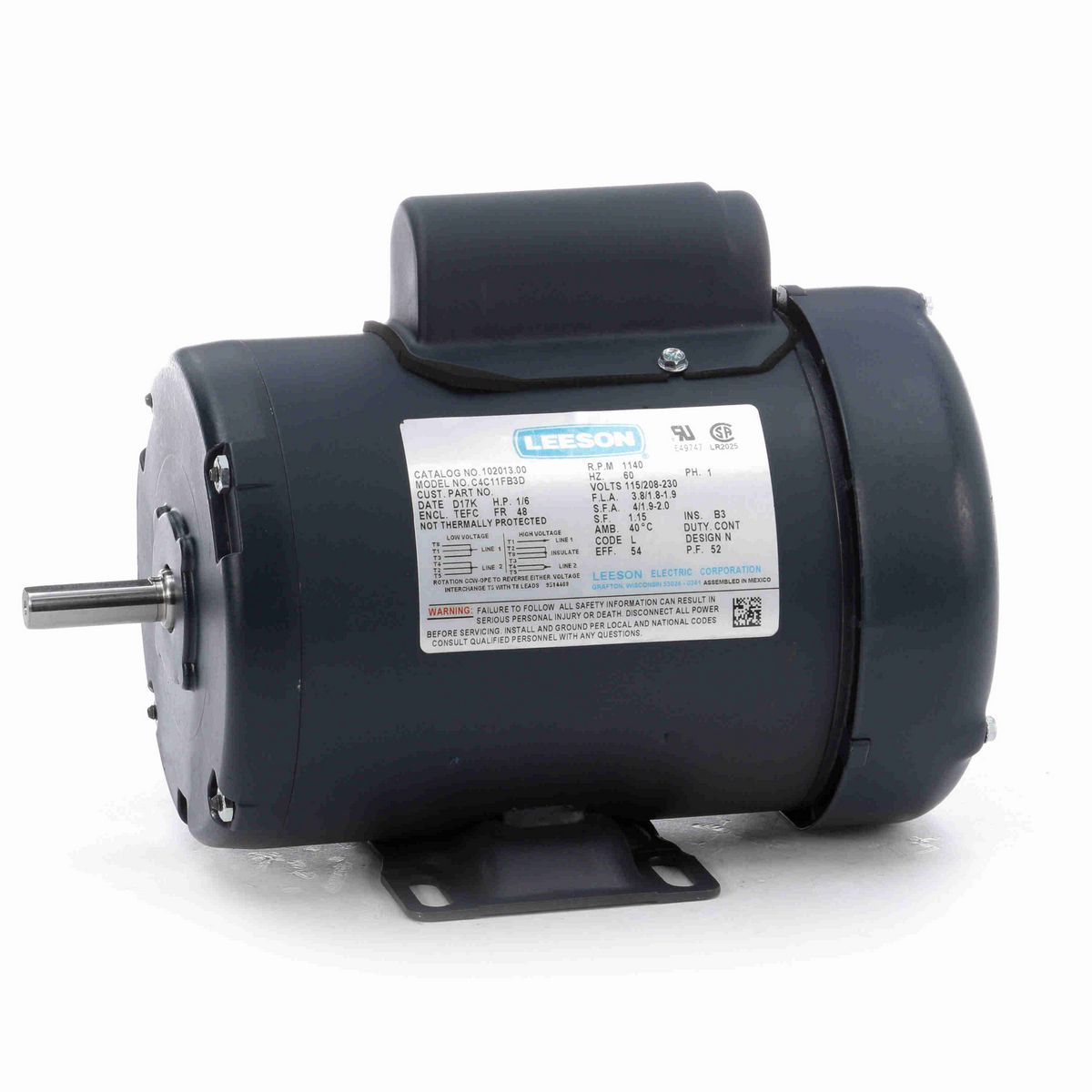 LEESON General Purpose Motor, 0.17 HP, 1 Ph, 60 Hz, 115/208-230 V, 1200 RPM, 48 Frame, TEFC - 102013.00
