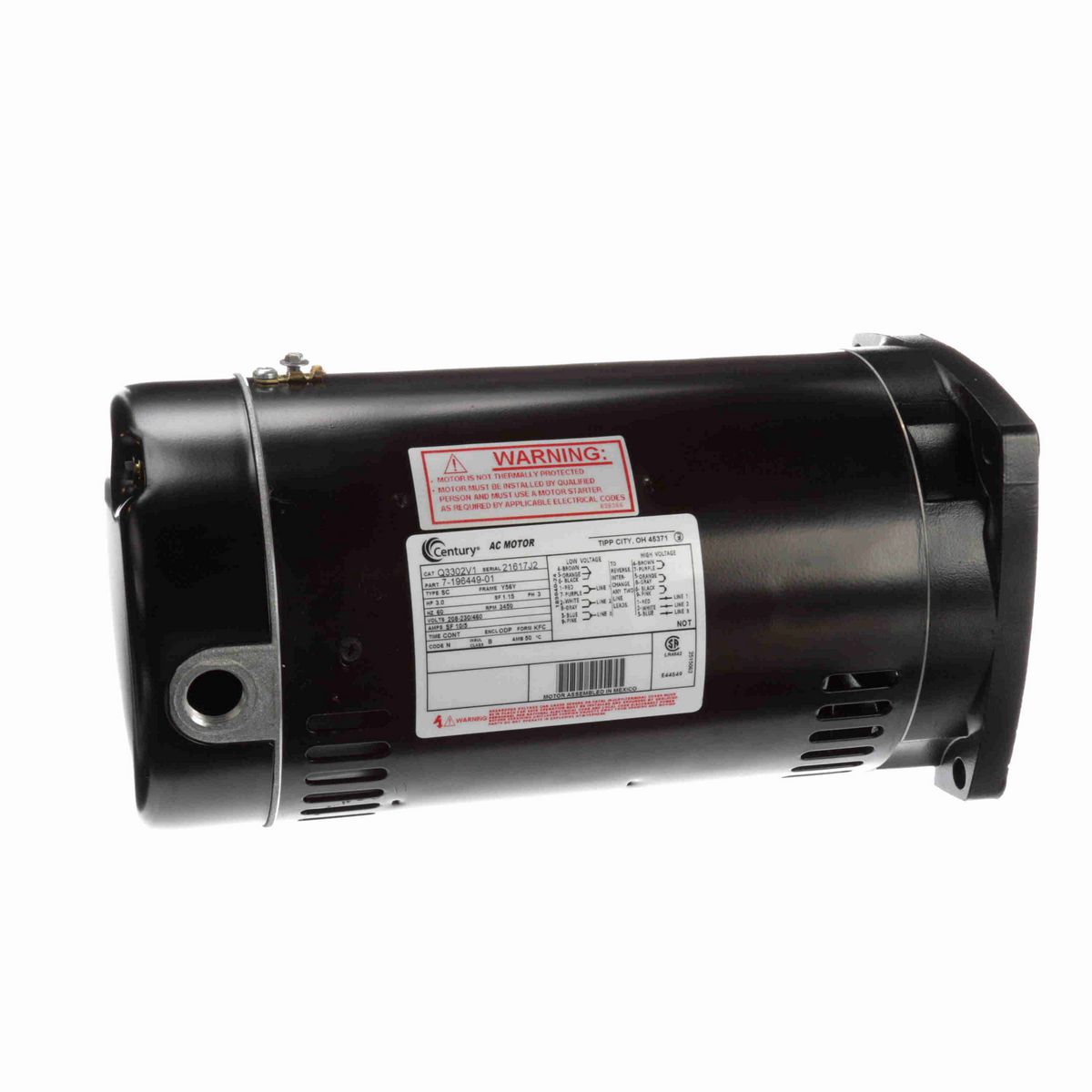 Century Pool Pump Motor, 3.0 HP, 3 Ph, 60 Hz, 208-230/460 V, 3600 RPM, Y56Y Frame, ODP - Q3302V1