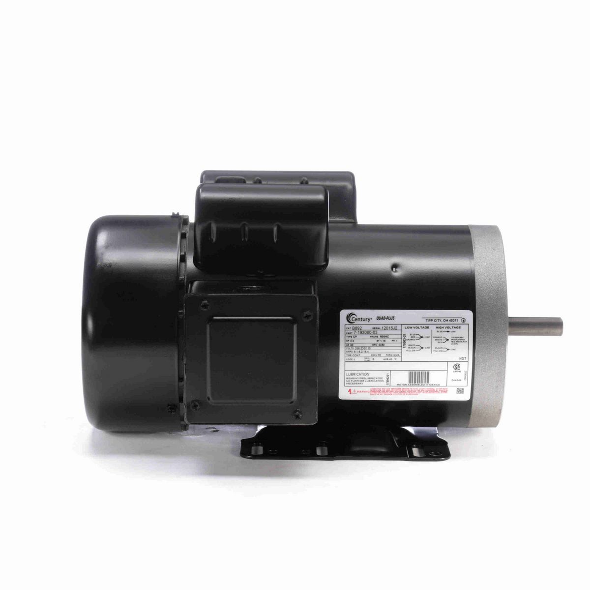 Century General Purpose Motor, 2.0 HP, 1 Ph, 60 Hz, 208-230/115 V, 3600 RPM, R56HC Frame, TEFC - B892