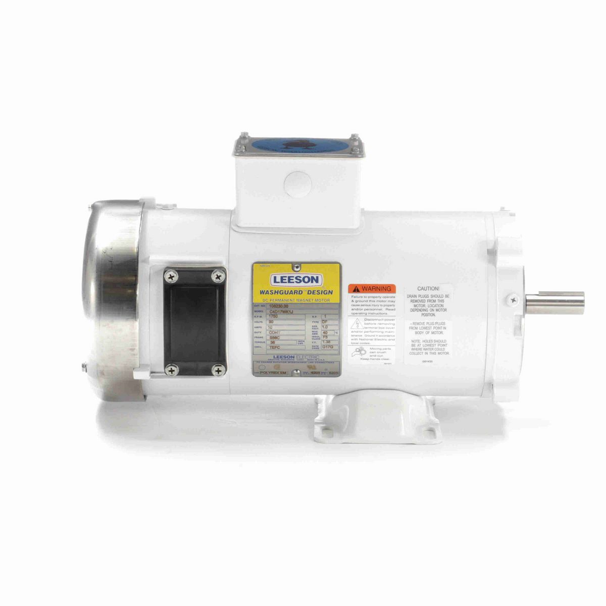 LEESON White Duck™ Washdown Motor, 1 HP, 90 V, 1750 RPM, S56C Frame, TEFC - 108230.00
