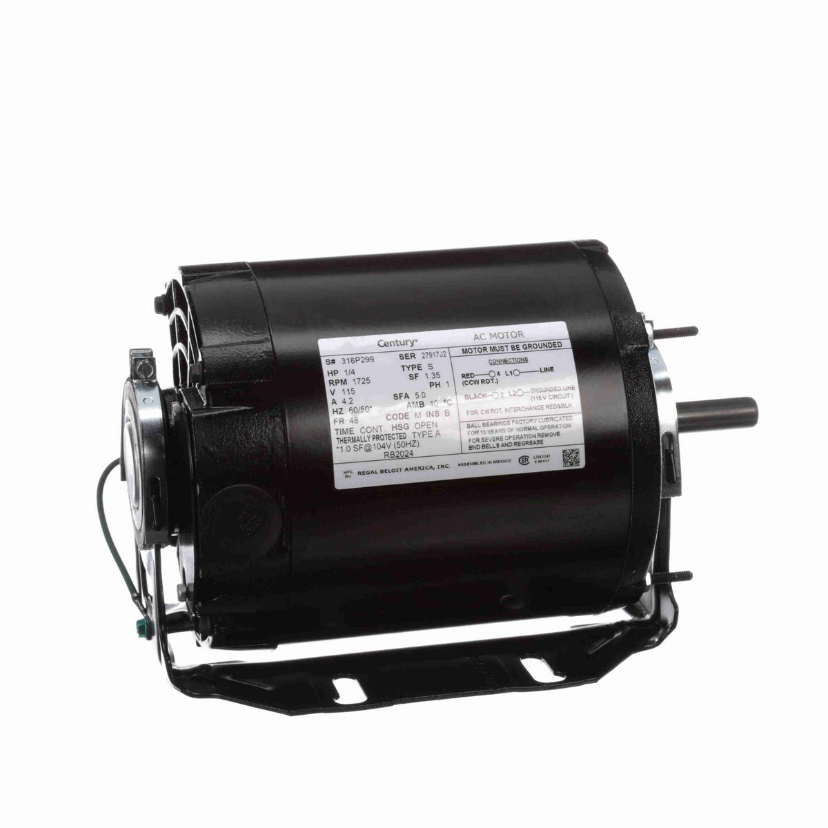 Century Fan and Blower Motor, 1/4 HP, 1 Ph, 60/50* Hz, 115 V, 1800 RPM, 48 Frame, OPEN - RB2024