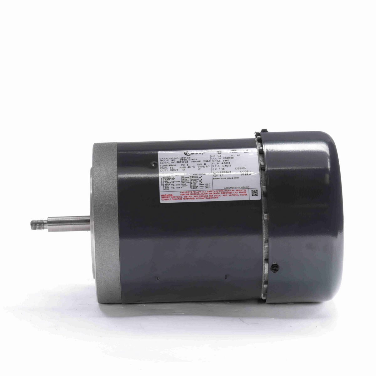 Century General Purpose Pump Motor, 1.5 HP, 3 Ph, 60 Hz, 230/460 V, 3600 RPM, K56J Frame, TEFC - H661ES