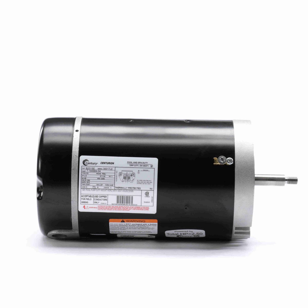 Century Pool Pump Motor, 2.5 HP, 1 Ph, 60 Hz, 230 V, 3600 RPM, P56J Frame, DP - B231SE