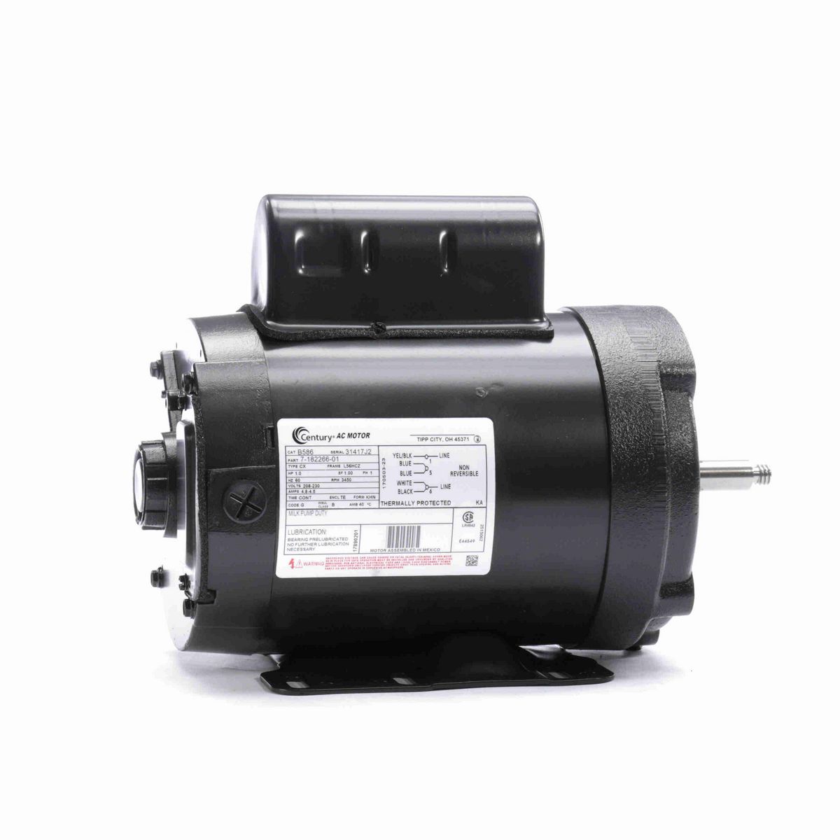 Century General Purpose Farm Duty Motor, 1.0 HP, 1 Ph, 60 Hz, 208-230 V, 3600 RPM, L56HCZ Frame, TENV - B586