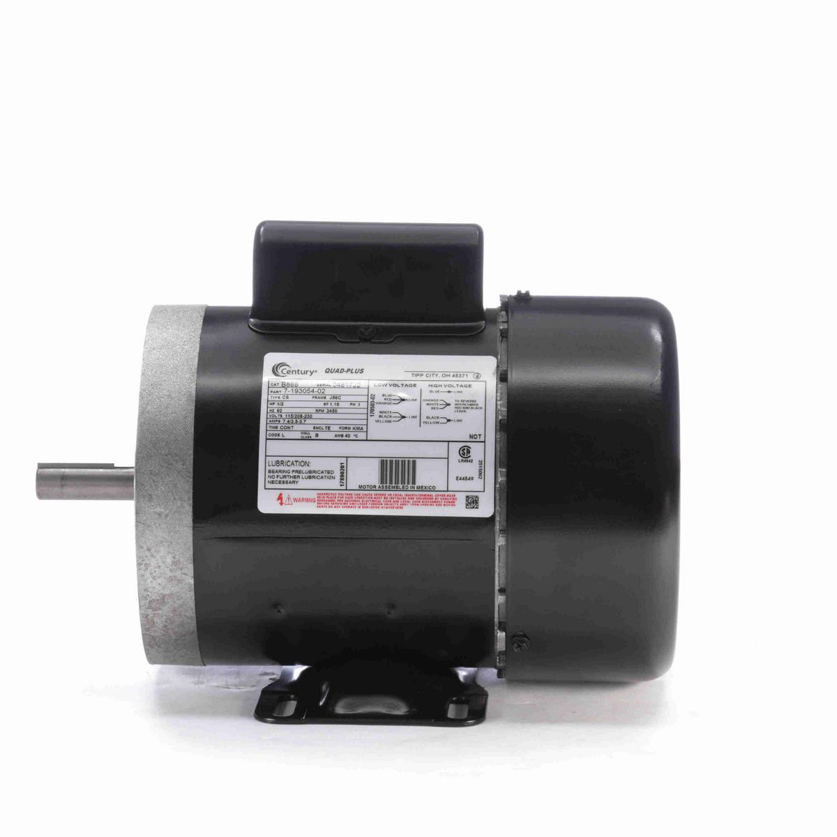 Century General Purpose Motor, 1/2 HP, 1 Ph, 60 Hz, 115/208-230 V, 3600 RPM, J56C Frame, TEFC - B888