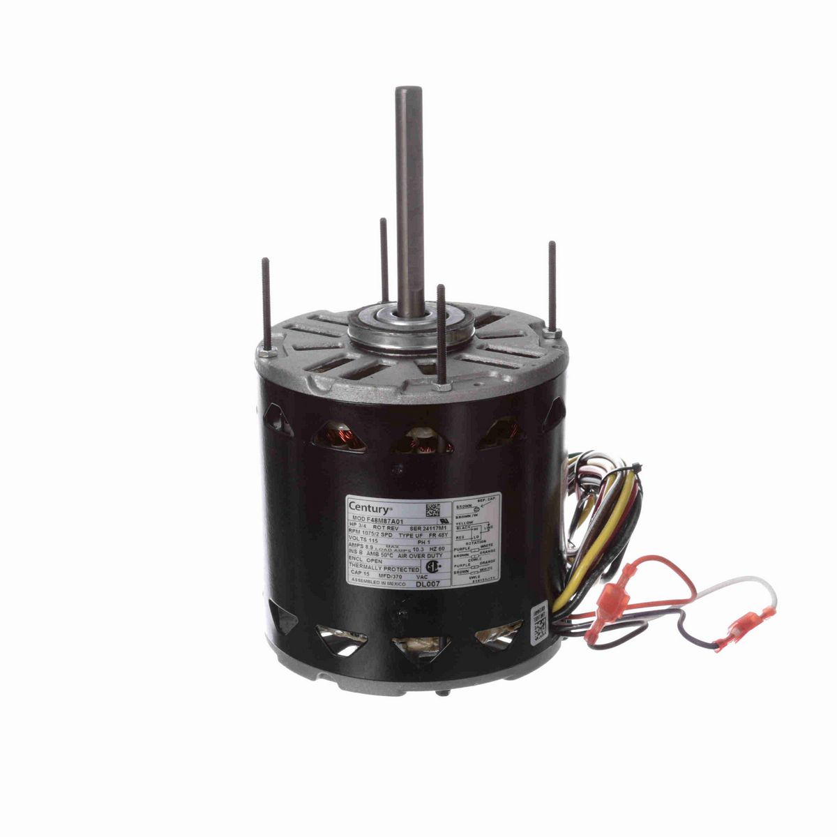 Century Fan and Blower Motor, 3/4 HP, 1 Ph, 60 Hz, 115 V, 1075 RPM, 2 Speed, 48 Frame, OPEN - DL007