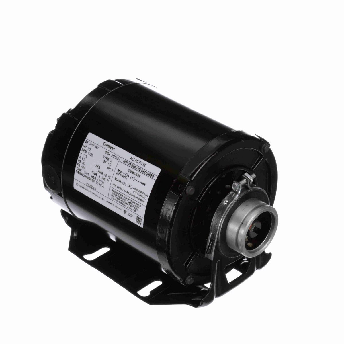 Century Carbonator Pump Motor, 1/3 HP, 1 Ph, 60 Hz, 115 V, 1800 RPM, 48Y Frame, OPEN - CB2034A