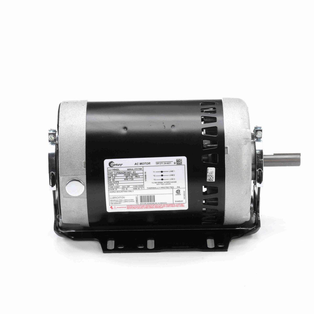 Century Fan and Blower Motor, 1.0 HP, 3 Ph, 60 Hz, 575 V, 1800 RPM, MA56H Frame, DP - H942L
